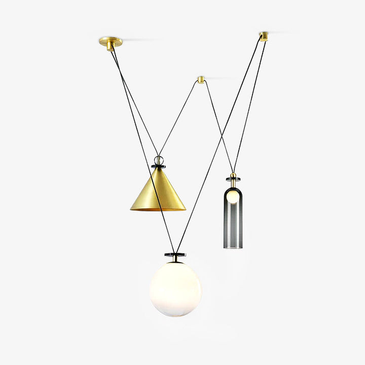 Modern pendant light with gold and silver design on a white background.  Artelux Atelier
